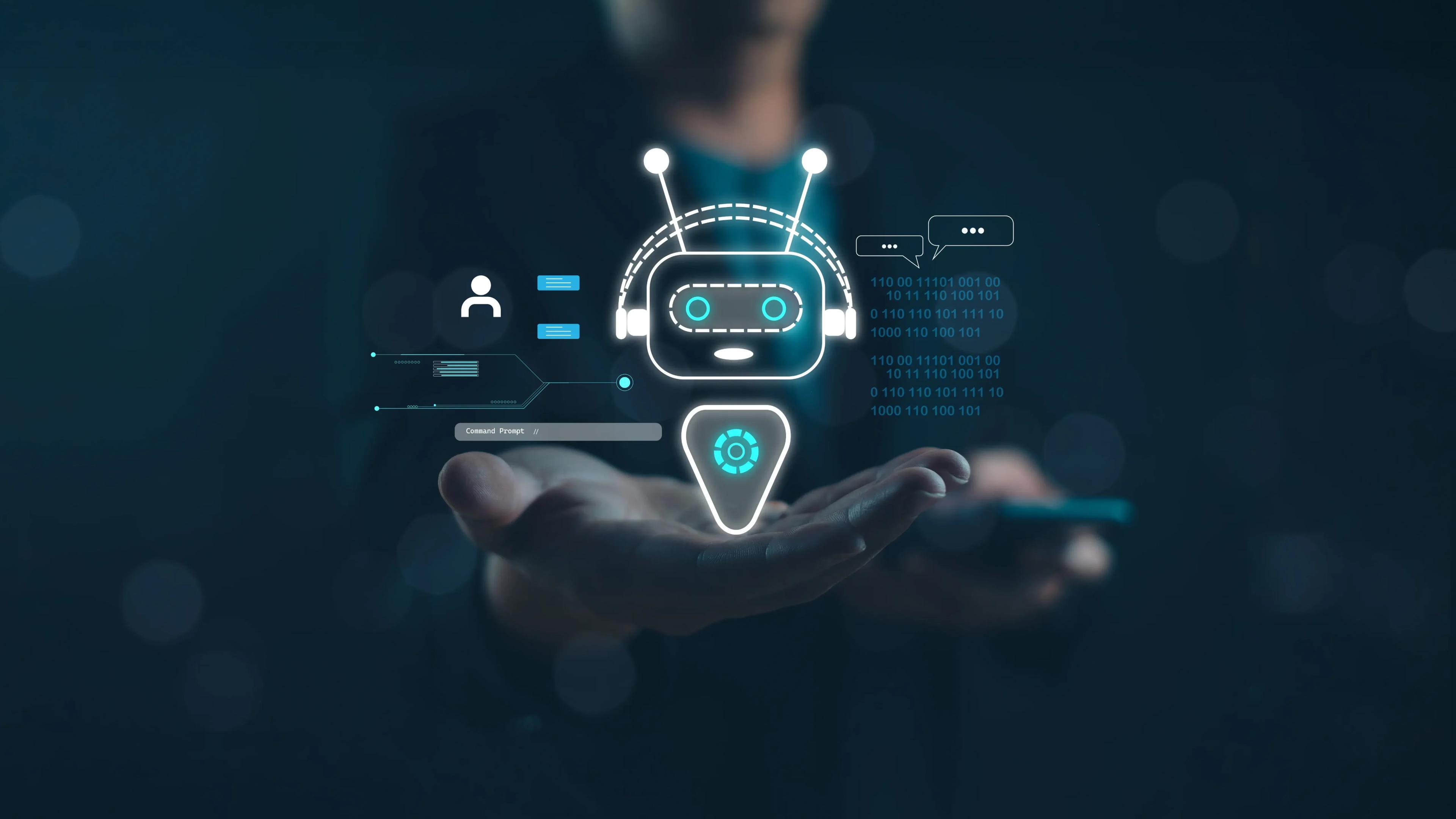 Hand holding glowing blue chatbot icon with digital interface elements.