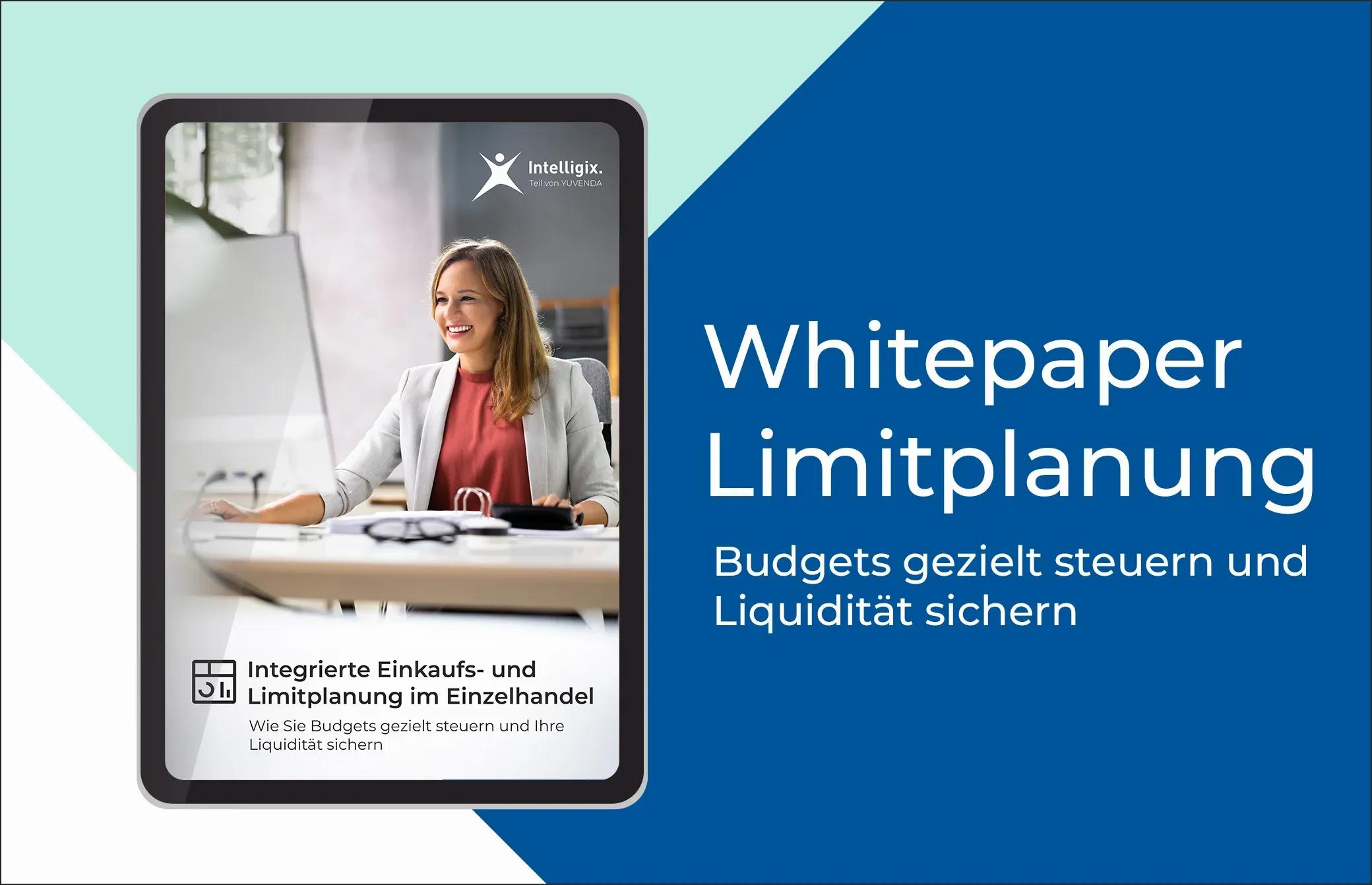 Tablet mit Whitepaper Titel "Integrierte Einkaufs- und Limitplanung im Einzelhandel"