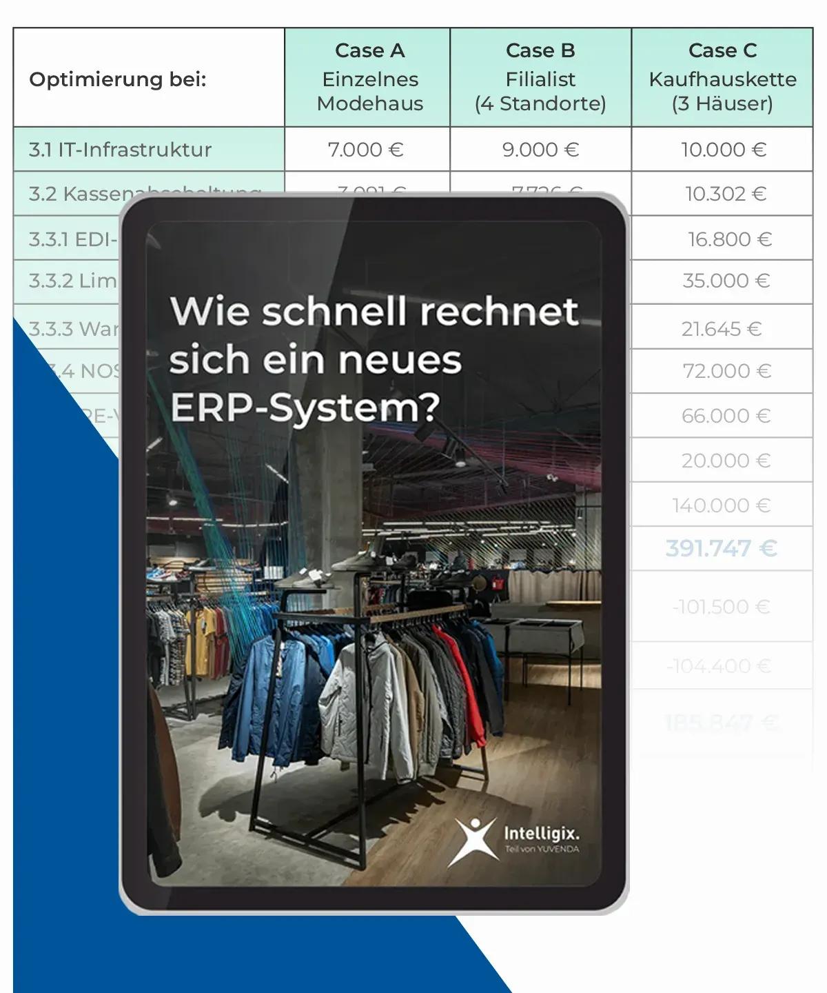 Tablet asks 'How quickly does a new ERP system pay off?' over a store interior.